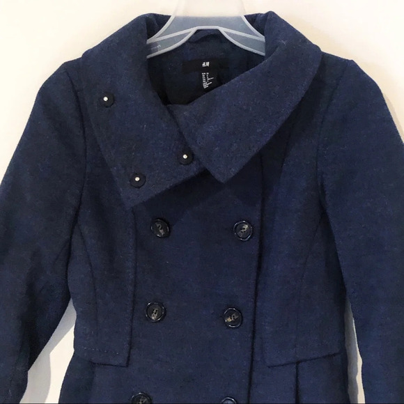 H&M Navy Blue Pea Coat Size 2 Small Blue Button Down Nautical Marine Preppy - Picture 2 of 11